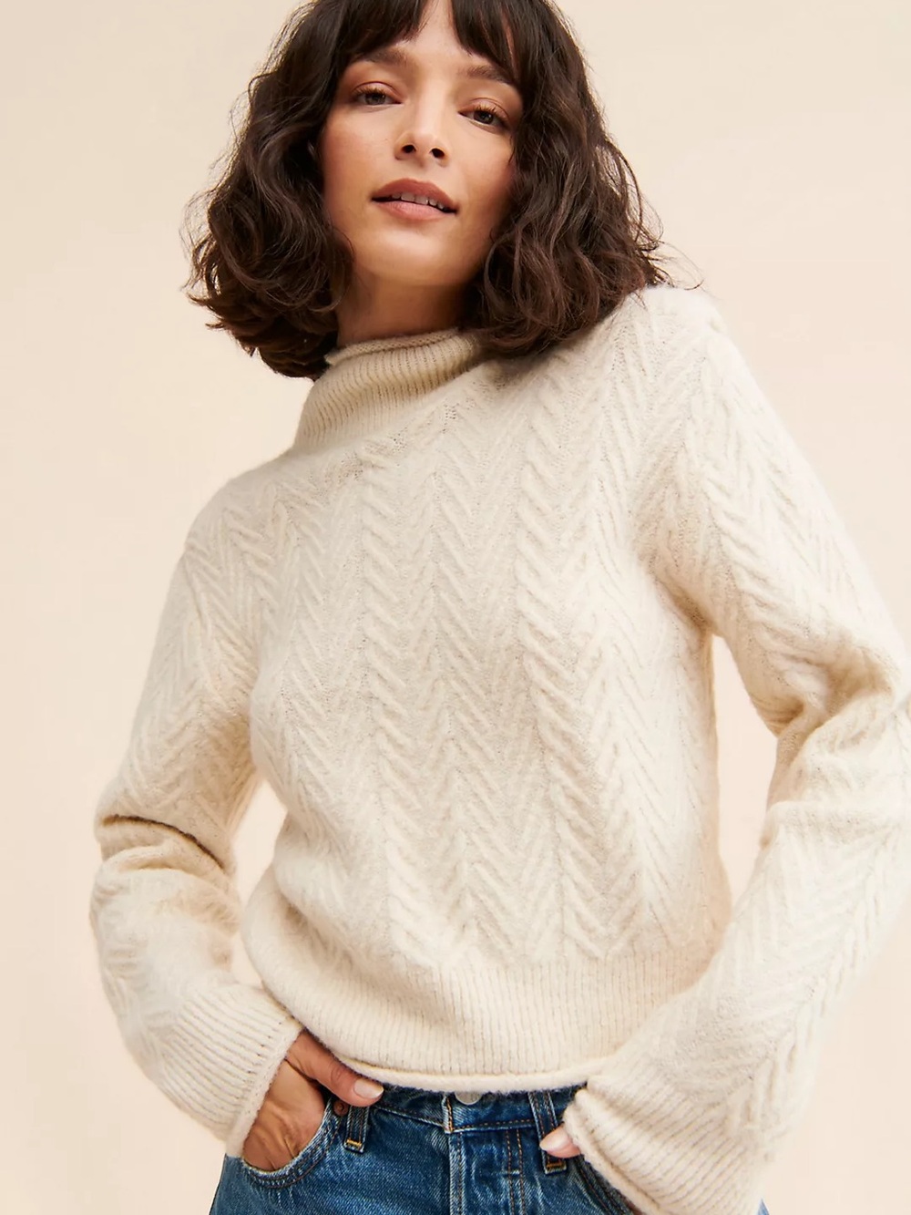 ASTR The Label Cream Wool Blend Cable Knit Mock Neck Sweater XS